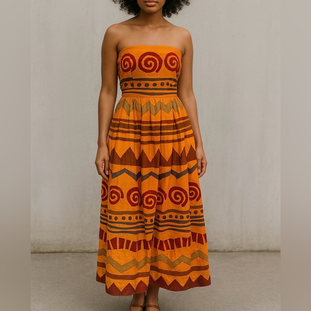 Ellen Tracy Linen Tribal Strapless Dress